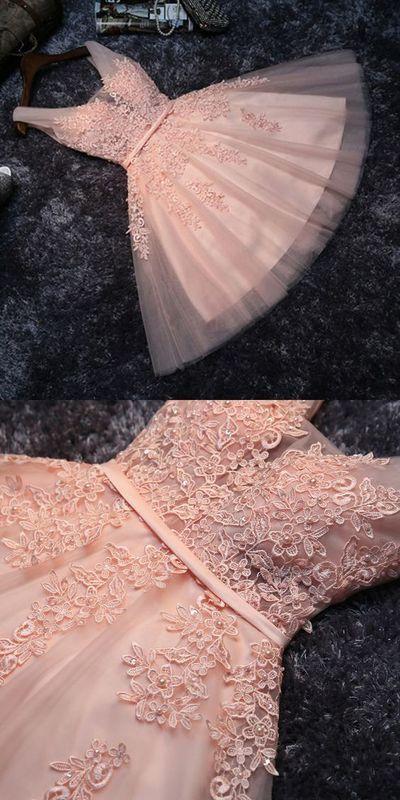 Princess Lace Appliqued Tulle Homecoming Dress, Blush Pink Short Bridesmaid Dresses, Short homecoming Dress CD14