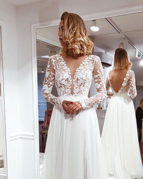 Simple A Line V Neck Open Back Ivory Lace Long Sleeves Prom Dresses CD14037