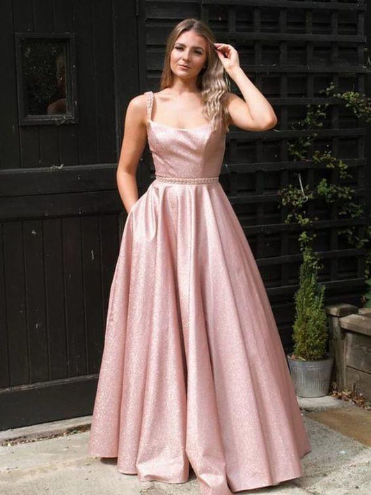 Stylish A Line Floor Length Pink Long Prom Dresses with Straps, Shiny Pink Formal Evening Dresses CD14604