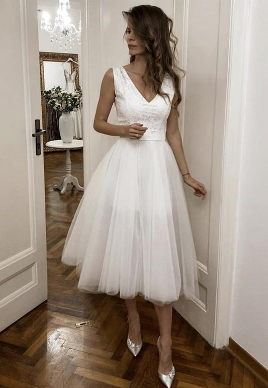 White v neck tulle short prom dress evening dress CD14077