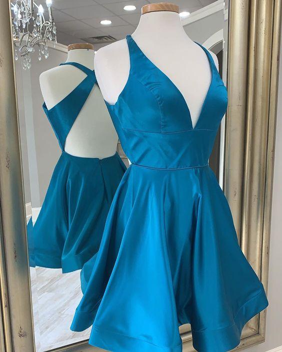 Simple Blue Short Satin Homecoming Dress CD14100