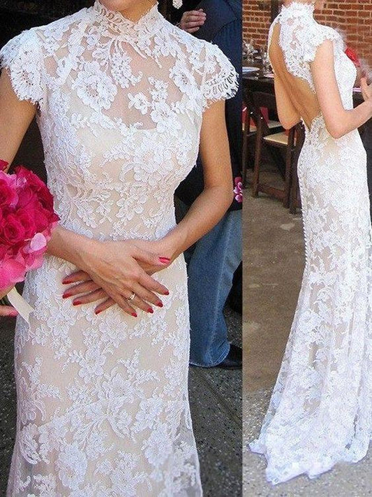 Illusion High Collar Column Lace Wedding Dress with Open Back High Neck Lace Mermaid Wedding Dresses prom dress CD14192