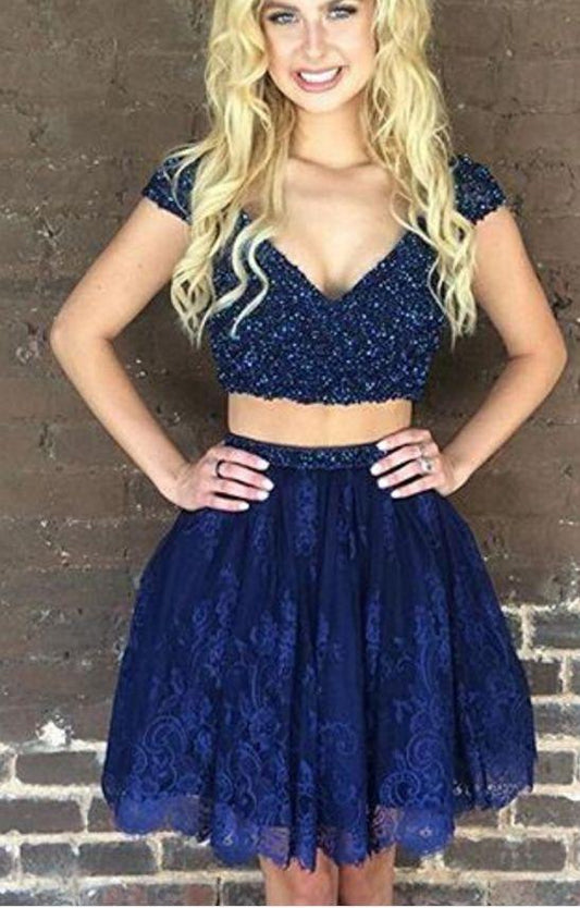 Blue Homecoming Dresses, Two Pieces Homecoming Dresses, Beaded Lace Homecoming Dress CD14212