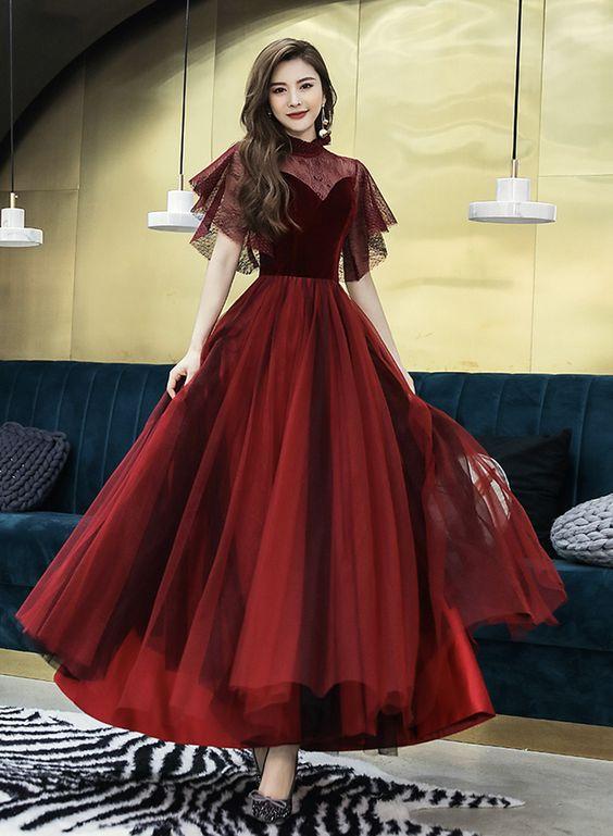 Burgundy Velvet Tulle Prom Dress Evening Dress CD14224