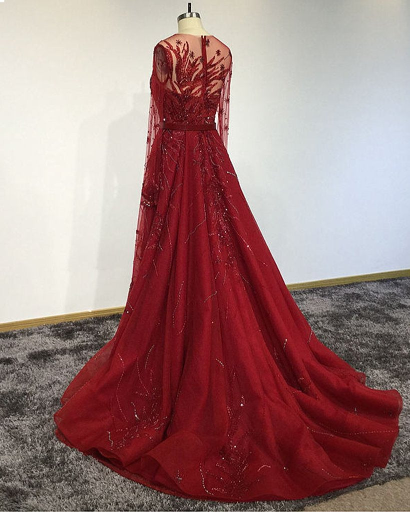 Unique Red Tulle Beaded Long Mermaid Chapel Train Prom Dress, Formal Dress CD14264
