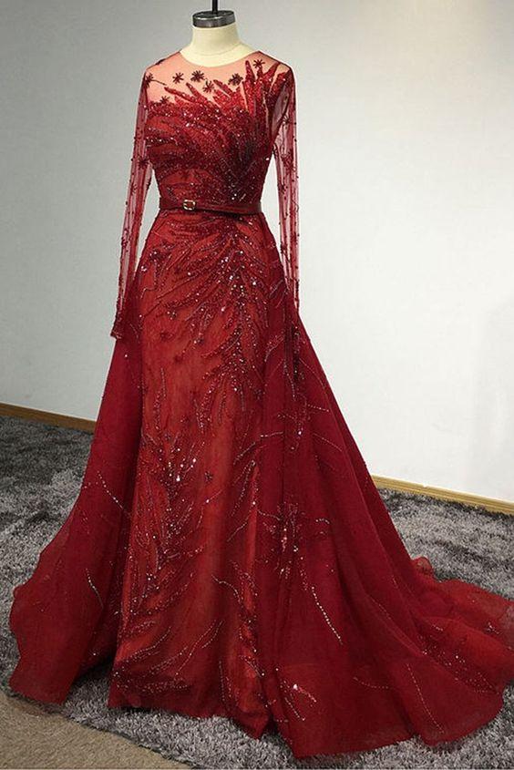 Unique Red Tulle Beaded Long Mermaid Chapel Train Prom Dress, Formal Dress CD14264