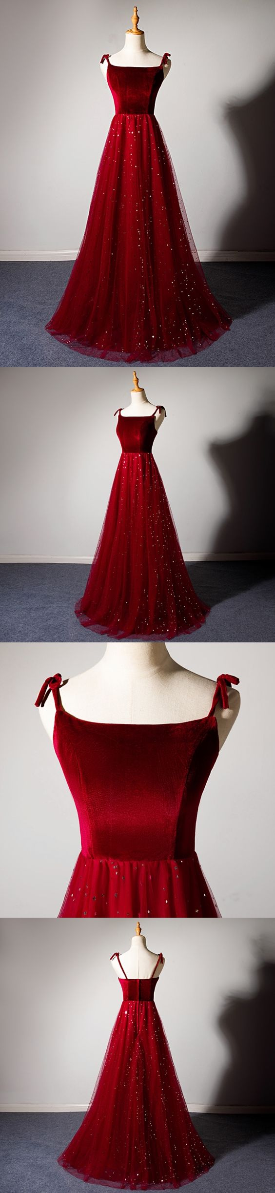 Sparkly Tulle Long Prom Dress A Line Spaghetti Straps Burgundy Prom/Evening Dress CD1433