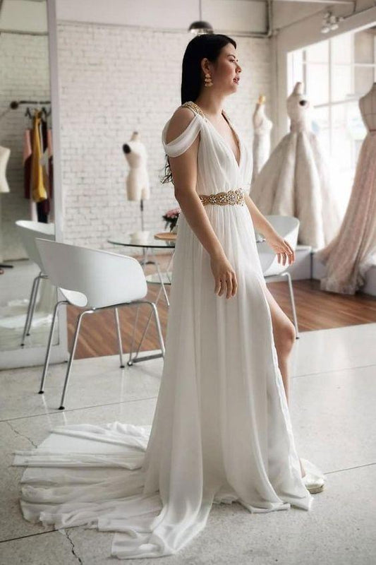 Beautiful A Line V Neck White Beach Wedding Dresses with Ruffles prom dress CD14354