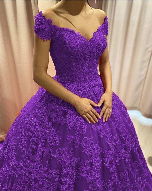 Purple Lace Ball Gown Quinceanera prom Dresses Elegant V Neck Off The Shoulder CD14372