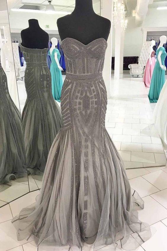 Sweetheart gray tulle beaded long strapless mermaid evening dress, formal prom dress CD14416