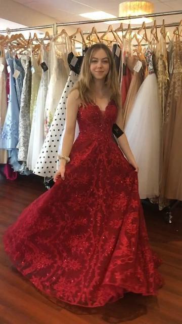 A-line V Neck Red Long Prom Dress, CD14438