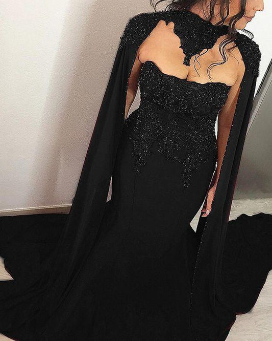 Vintage Black Mermaid Wedding Dress With Cape Prom Dresses CD14462