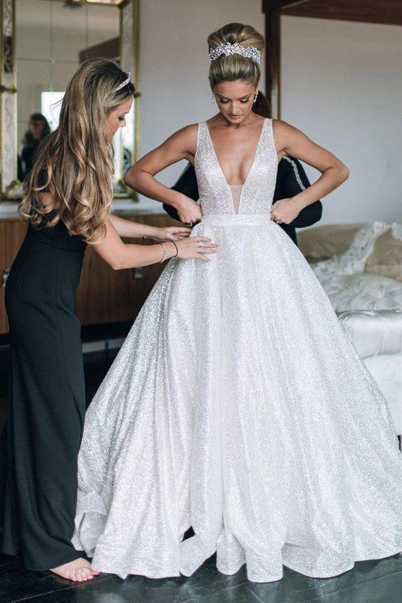 Sparkling Tulle V-Neck Court Train Ball Gown Wedding Dress Prom Dresses CD14476