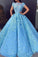 Ball Gown Blue Prom Dresses Floral Lace Bateau Long Cap Sleeve Quinceanera Dresses prom dress CD14481