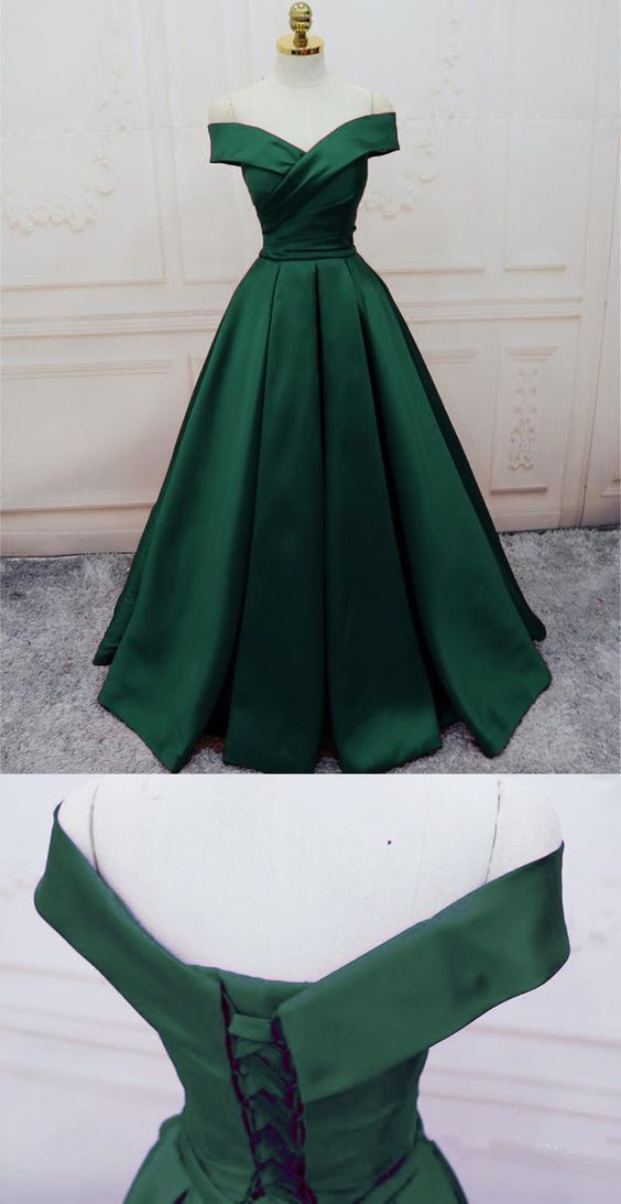 Emerald Green Long Satin Evening Dresses V-neck Off The Shoulder Prom Dresses CD14497