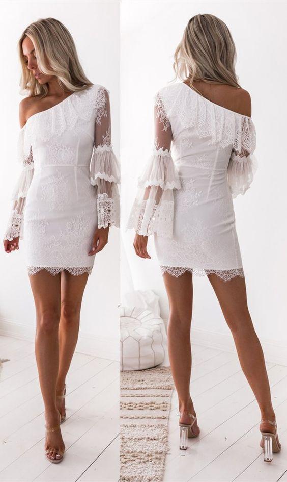 Sheath One Shoulder Long Sleeves White Lace Homecoming Dress with Ruffles CD1452