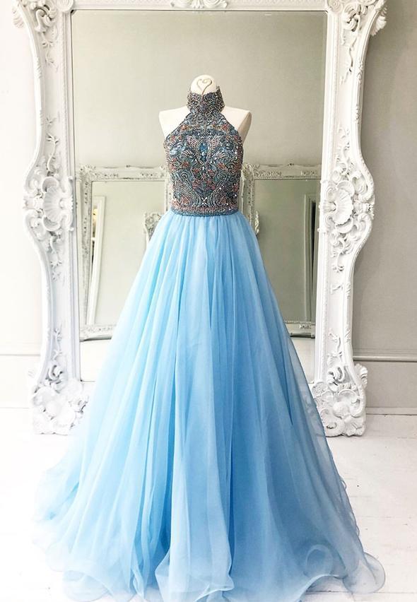 Elegant blue chiffon beads long prom dress CD14539