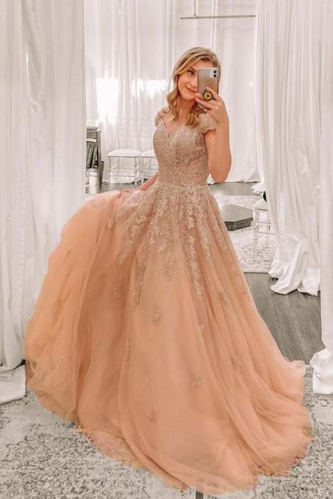 Gorgeous Champagne Long Prom Gown with Cap Sleeves CD14598