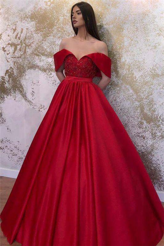 A-line Off-the-shoulder Ruffles Beaded Prom Dresses, CD14599