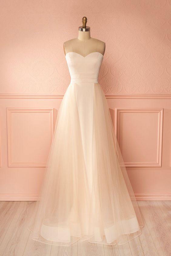 Simple tulle champagne long prom dress, light champagne tulle long evening dress CD1460