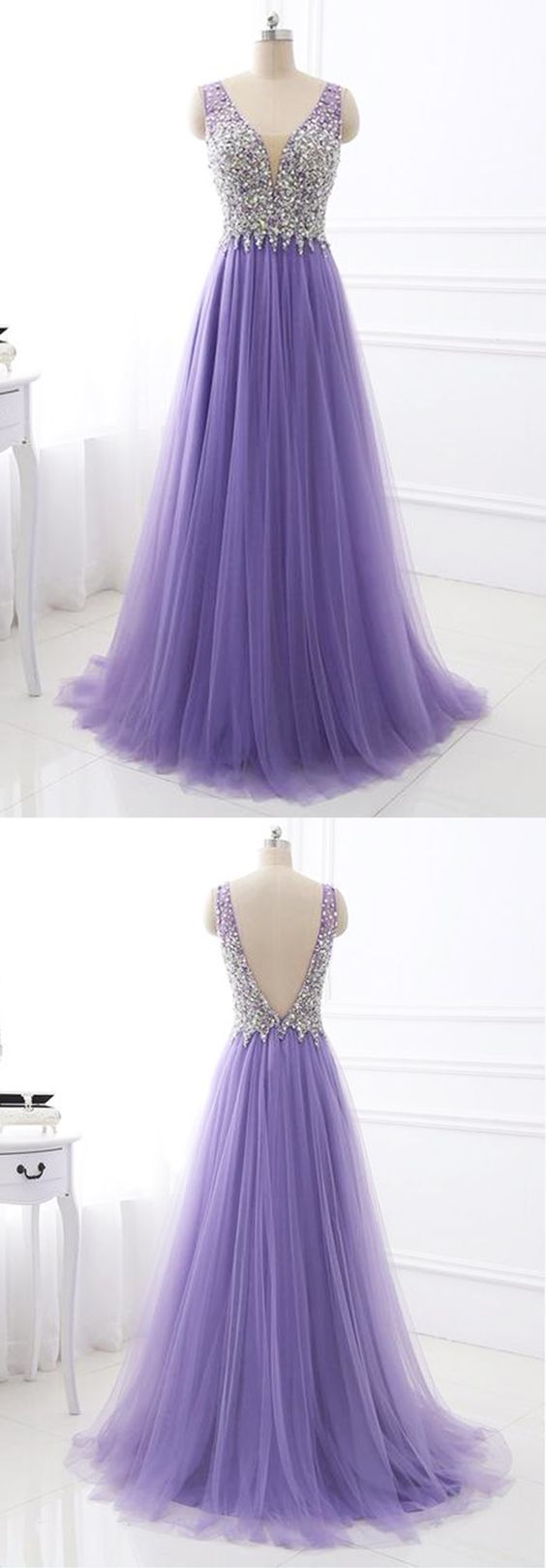 Lavender Tulle A-line Sparkly Beading Top Prom Dress CD14613