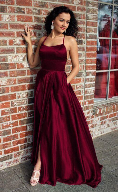 burgundy prom dresses long satin split gown CD14622