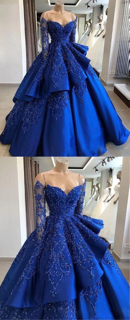 Delicate Sparkly Beading Ball Gown Satin Royal Blue Prom Dress with Sleeves Quinceanera Dress CD14627