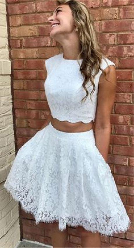 Two Piece Crew Above-Knee White Lace Homecoming Dress with Pockets CD1464