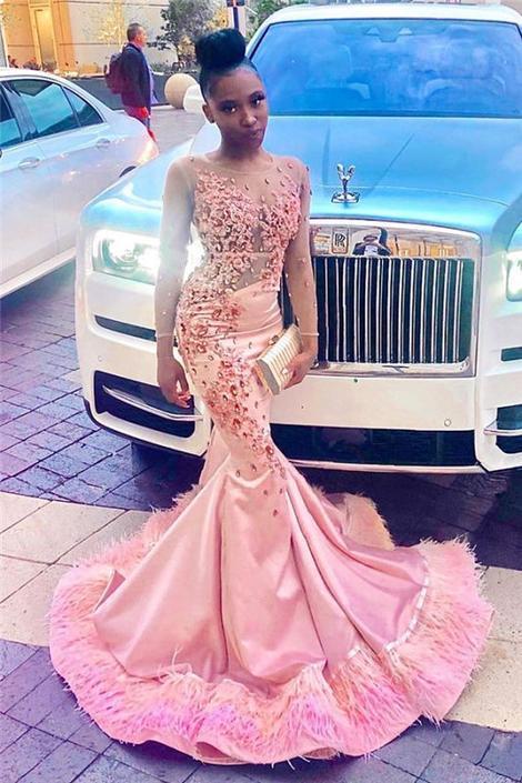 Black Girl Prom Dress Sheer Tulle Pink Mermaid Prom Dresses with Feather | Crystals Appliques Sexy Evening Gowns with Sleeves CD14652