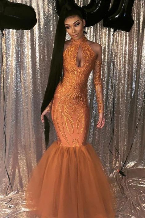 Black Girl Prom Dress Dust Orange Mermaid Cheap Prom Dress with Sleeves | Halter Sexy Keyhole Sparkly Appliques Evening Gowns CD14653