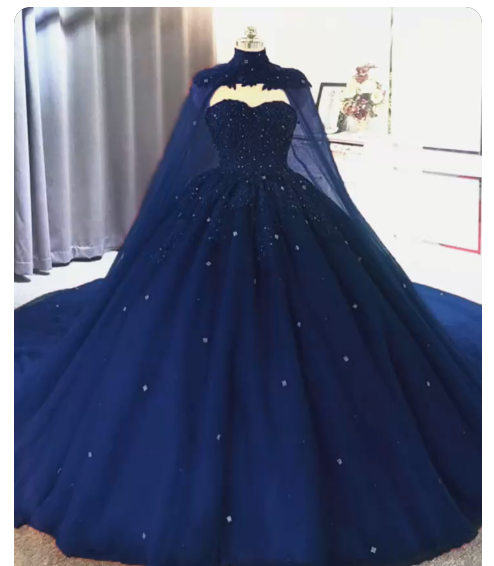 Elegant Lace embroidery tulle beaded quinceanera dresses navy blue ball gown prom dress with cape CD14666
