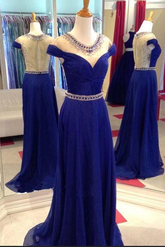 V-Neck, Backless, Sweep Train, Royal Blue Prom Dress, Sexy Party Dress CD14737