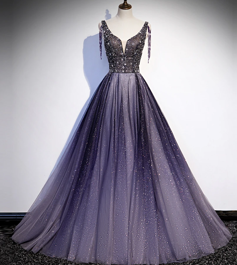 Charming Purple Gradient Tulle V-Neckline Long Party Dress, A-Line Prom Dress CD14741