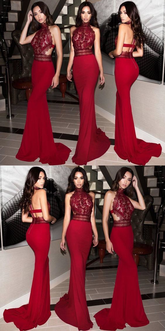 Mermaid High Neck Sweep Train Red Stretch Satin Prom Dress with Lace CD14770