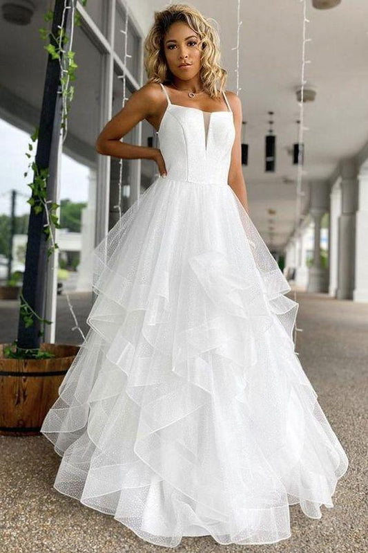 White tulle sequin long prom dress white evening dress CD14808
