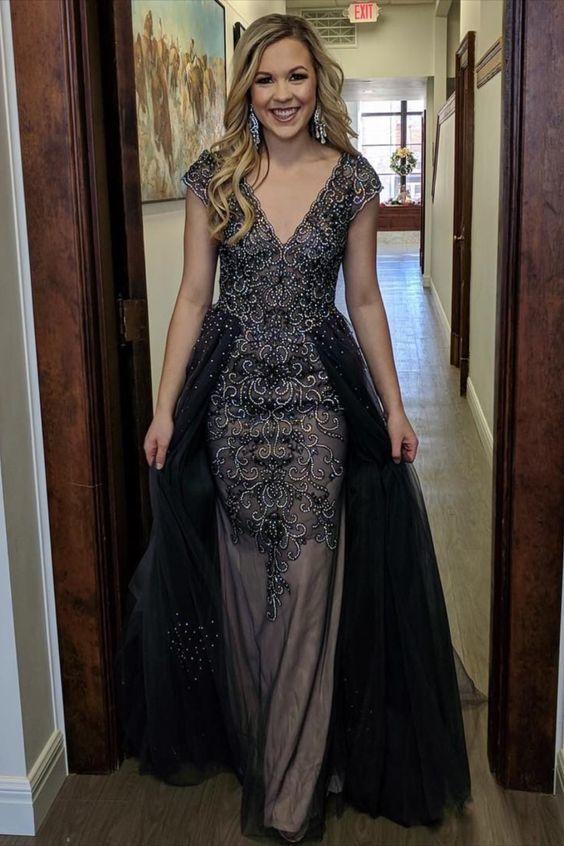 A Line V Neck Long Prom Dresses With Beading CD14830