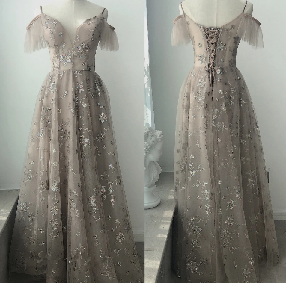 Beautiful Light Champagne Straps Long Party Dress, A-Line Floor Length Prom Dress CD14868