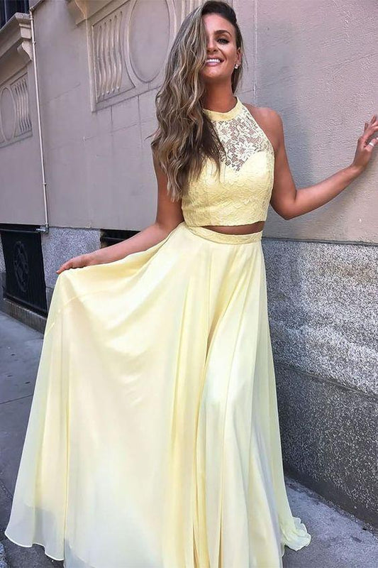 2 Piece Prom Dresses, Yellow Prom Dress, Long Prom Dance Dress