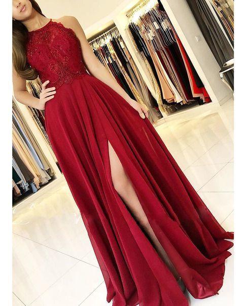 Elegant burgundy halter lace long prom dress CD14922