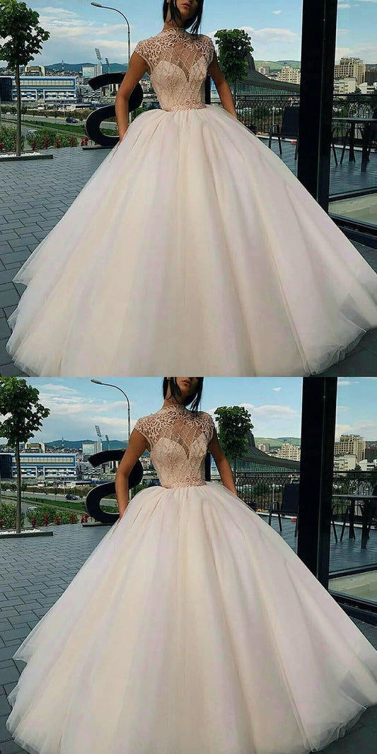 Cap sleeve ball gown prom dresses beaded elegant prom gown CD14923