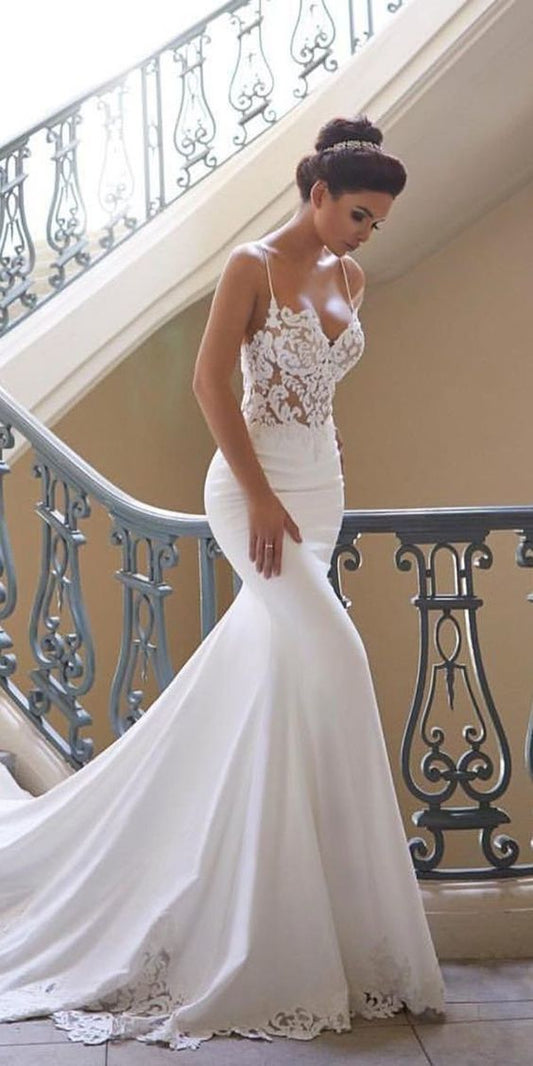 Charming Appliques Lace Mermaid Wedding Dresses with Straps, Sexy Sleeveless prom gown CD1492