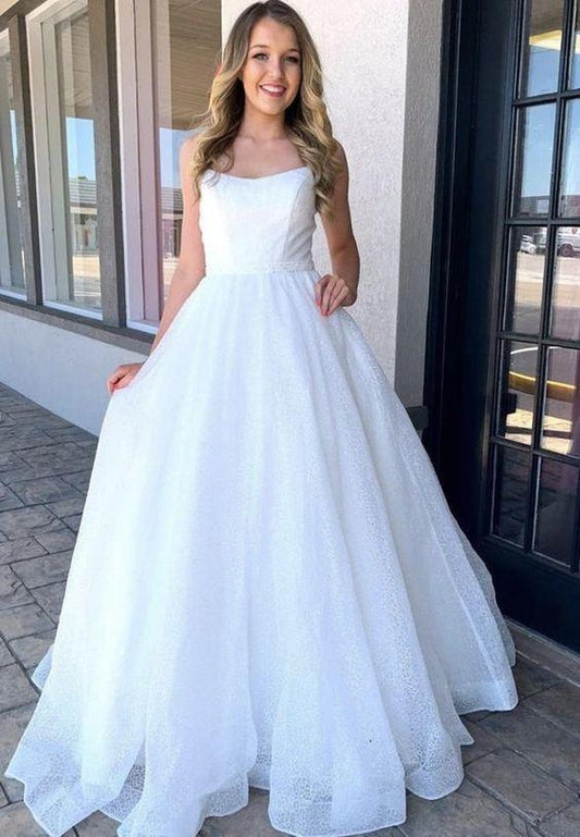 White tulle sequins long prom dress formal dress CD14946