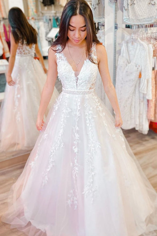 A Line V Neck White Lace Wedding Dress with Belt, White Lace Long Formal Prom Dress CD14980
