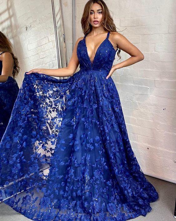 Lace Spaghetti Straps A-line Royal Blue Prom Dress CD15022