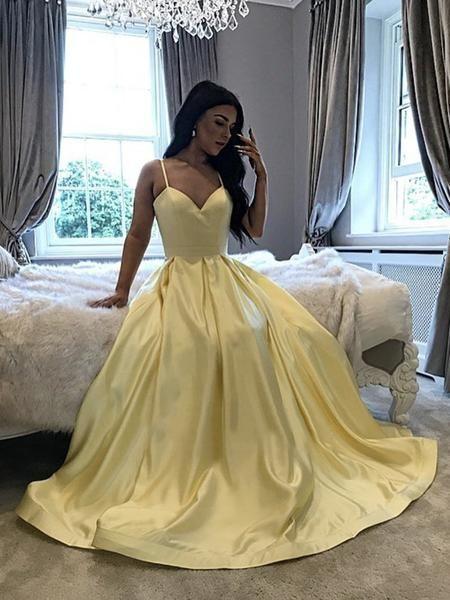 Yellow V Neck Long Satin Prom Dresses, Yellow Long Formal Evening Dress CD15024