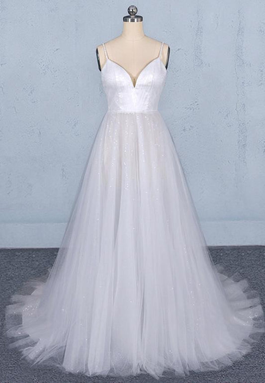White tulle sequins long prom dress white evening dress CD15032
