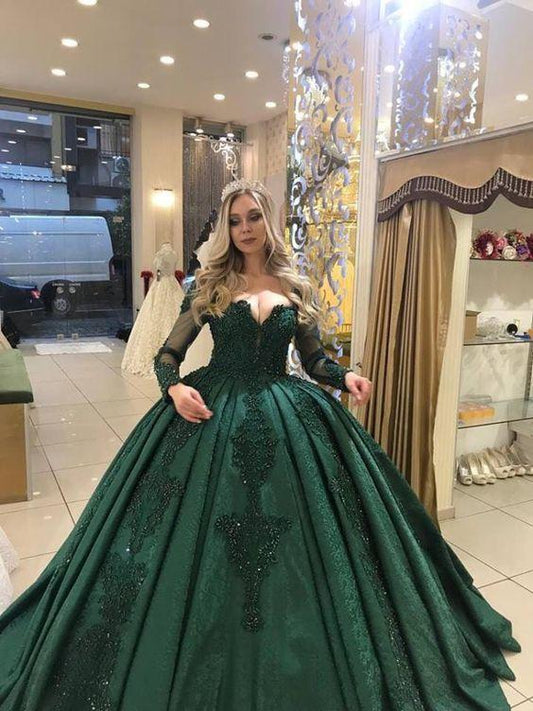 Green Long Sleeves Prom Dresses with Appliques Quinceanera Gowns CD15048