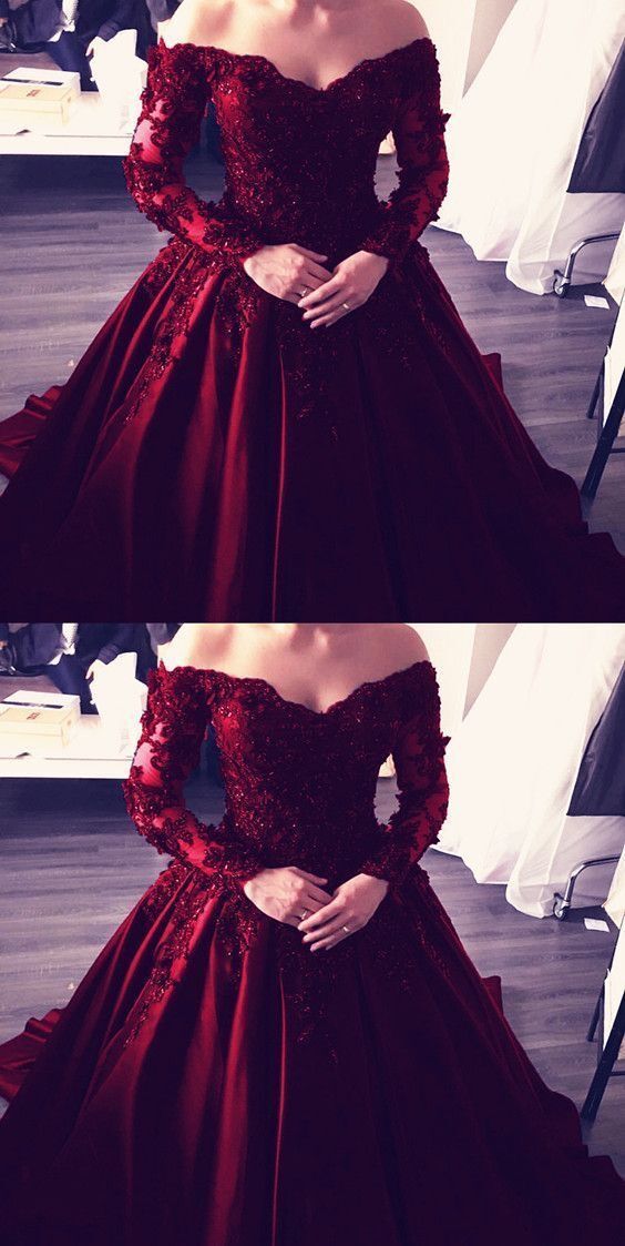 Burgundy Satin with Lace Applique Ball Gown Party Dress, Wine Red Prom Dress CD15078