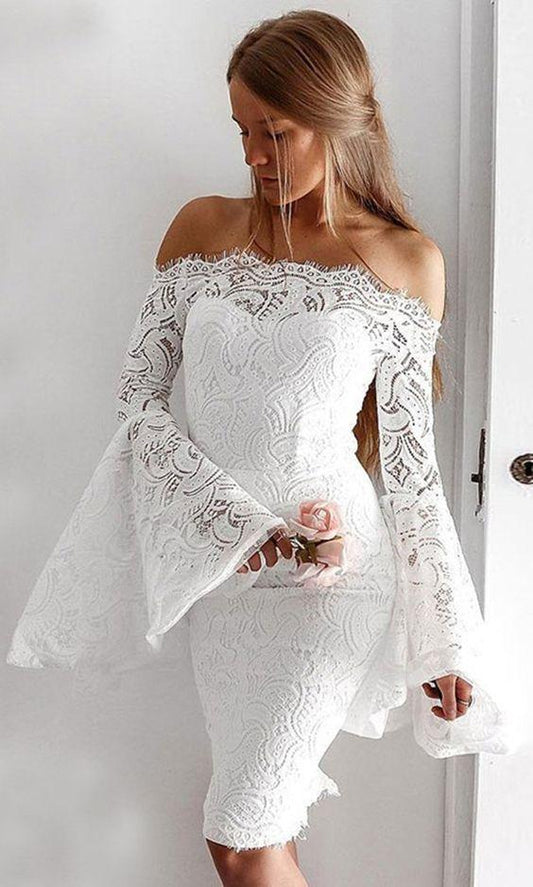 Sheath Off-the-Shoulder Bell Sleeves Knee-Length White Lace Homecoming Party Dress, homecoming dress CD151