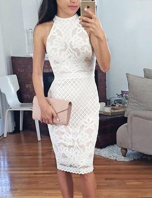 Bodycon Round Neck Knee-Length White Lace Homecoming Dress CD1523